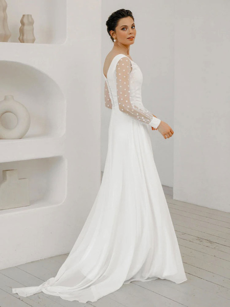 Milanoo White Simple Wedding Dress With Train A Line V Neck Long Sleeves Lace Long Bridal Gowns