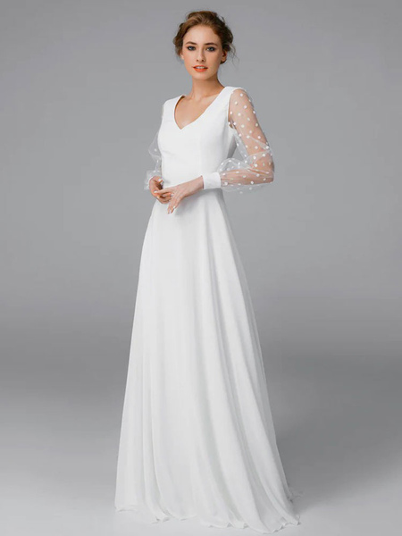 Milanoo White Simple Wedding Dress With Train A Line V Neck Long Sleeves Lace Long Bridal Gowns