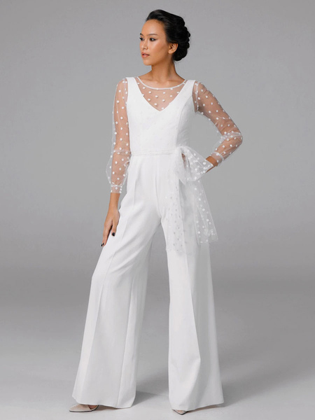 Milanoo White Simple Wedding Dress V Neck Long Sleeves Bows Bridal Dresses