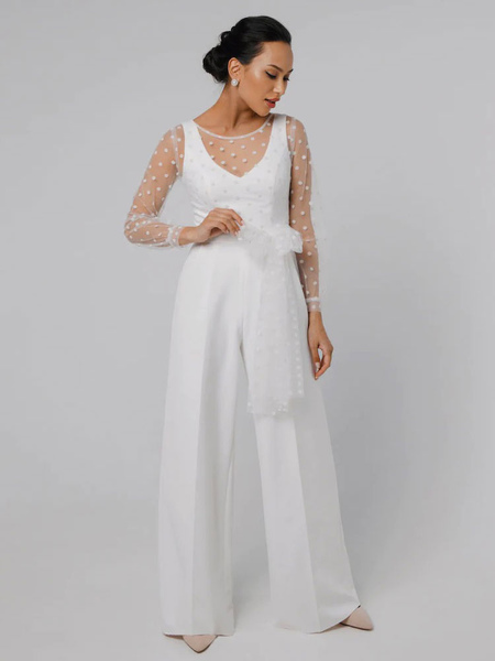 Milanoo White Simple Wedding Dress V Neck Long Sleeves Bows Bridal Dresses