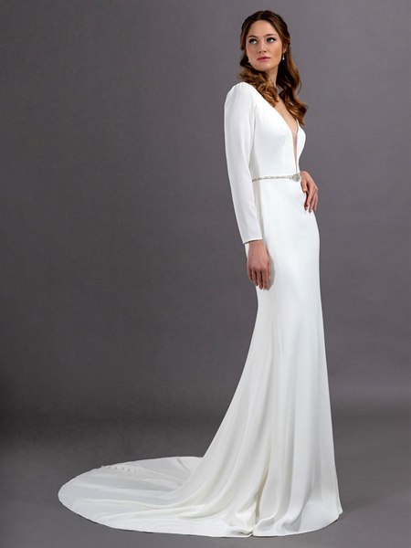 Milanoo White Simple Wedding Dress Mermaid V Neck Long Sleeves Sash Long Bridal Gowns