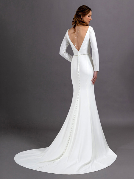 Milanoo White Simple Wedding Dress Mermaid V Neck Long Sleeves Sash Long Bridal Gowns