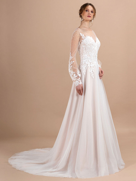 Milanoo Weißes einfaches Hochzeitskleid A-Linie V-Ausschnitt mit langen Ärmeln Spitze lange Brautkle