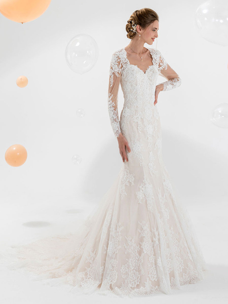 Milanoo White Wedding Dress With Train Long Sleeves Lace V Neck Bridal Mermaid Dress