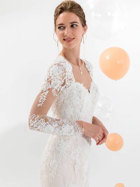 Milanoo Weißes Brautkleid mit Schleppe mit langen Ärmeln Spitze V-Ausschnitt Brautkleid im Meerjungf