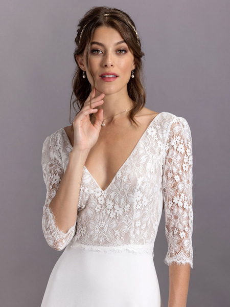 Milanoo Weißes einfaches Hochzeitskleid A-Linie V-Ausschnitt halbe Ärmel rückenfreie Spitze lange Br