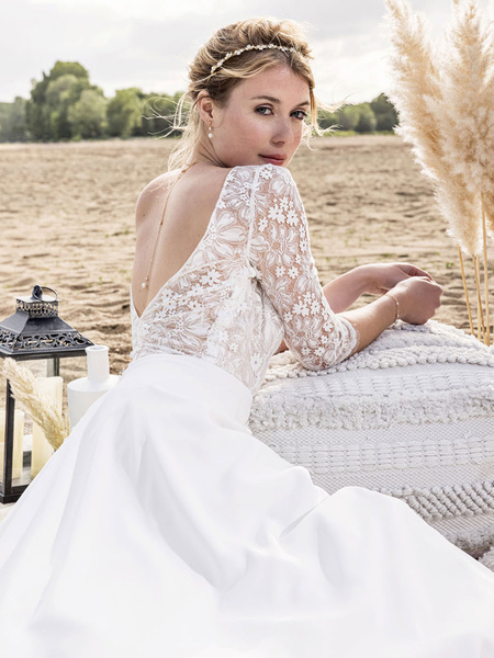 Milanoo White Simple Wedding Dress A Line V Neck Half Sleeves Backless Lace Long Bridal Gowns