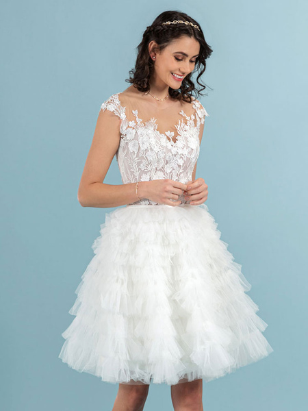 Milanoo Weißes einfaches Hochzeitskleid A-Linie V-Ausschnitt ärmellose rückenfreie Spitze kurze Brau
