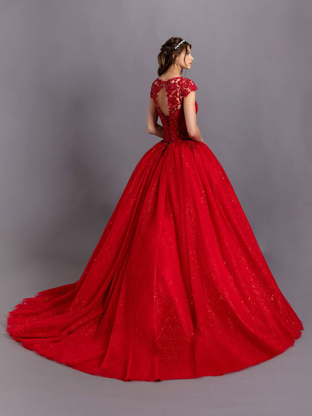 Milanoo Wedding Dress With Train V Neck Sleeveless Backless Polyester Lace Tulle A Line Red Wedding