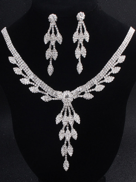 Milanoo Bride Wedding Jewelry Set Gorgeous Rhinestone Pierced Drops Design Sliver Earring Necklace 2