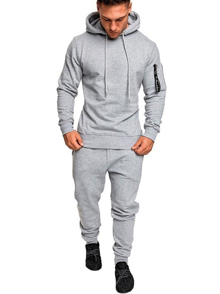 Milanoo Men\'s Activewear 2-Piece Long Sleeves Hooded Light Gray