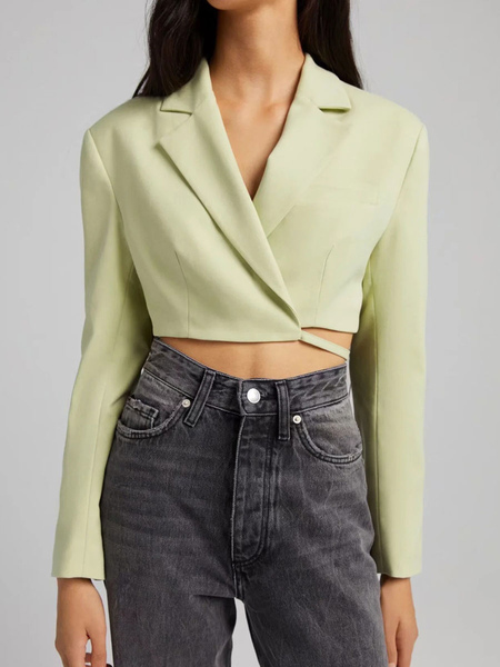 Milanoo Blazer For Women Chic V Neck Turndown Collar Lace Up Long Sleeves Irregular Polyester Short