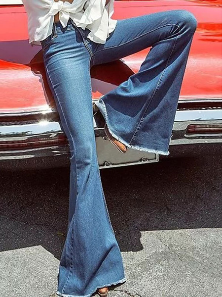Milanoo Jeans For Women Fashion Bell Bottoms Zipper Fly Button Fly Blue Denim Pants