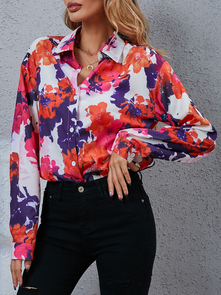 Milanoo Blouse For Women Rose Floral Printed Turndown Collar Casual Long Sleeves Polyester Summer Sh