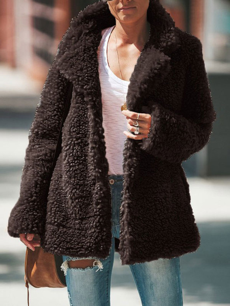 Milanoo Faux Fur Coats For Women Long Sleeves Casual Stretch Turndown Collar Deep Brown Winter Coat
