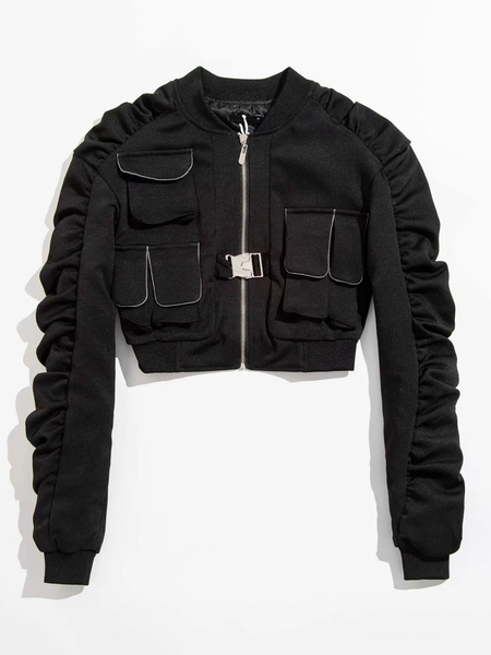 Milanoo Women Jackets Jewel Neck Removable Zipper Long Sleeves Casual Pockets Field Black Jacket