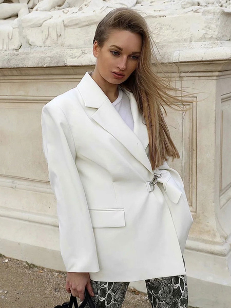 Milanoo Women Blazer Chic V Neck Pockets Long Sleeves Stretch Polyester White Long Overcoat