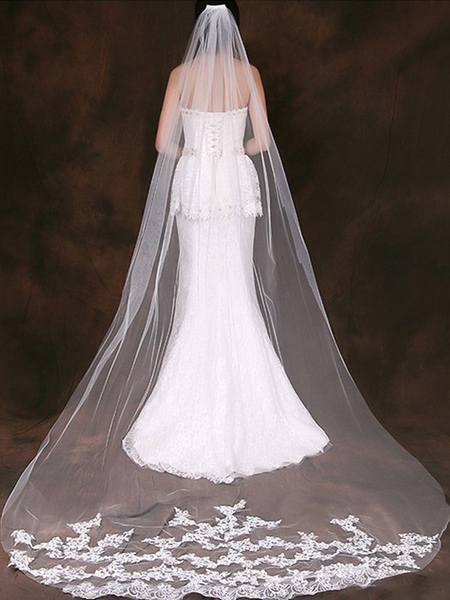 Milanoo Eric White Wedding Veils One Tier Tulle Finished Edge Classic Long Bridal Veil
