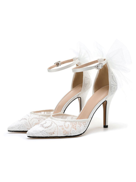 Milanoo Women's Lace Bridal Pumps Ankle Strap Stiletto Heel Wedding Shoes White