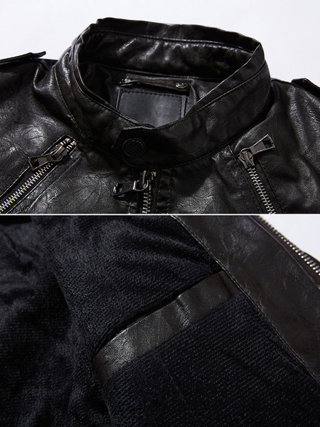 Men’s Leather Jackets Zipper PU Leather Thicken Windbreaker Stylish Layered Black