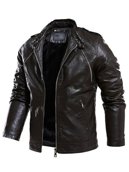 Men’s Leather Jackets Zipper PU Leather Thicken Windbreaker Stylish Layered Black