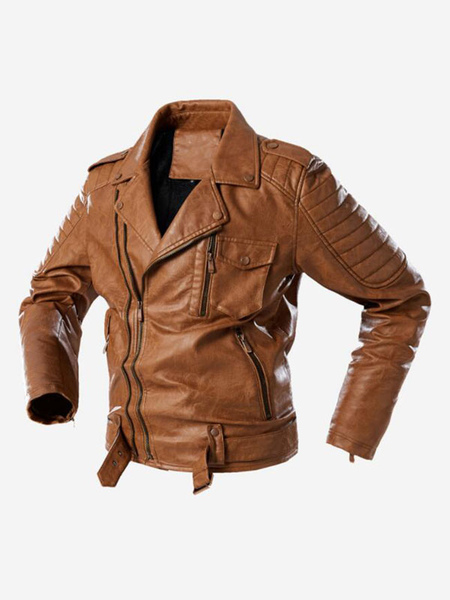Milanoo Leather Jacket for Man Simple Layered Zipper Windbreaker Stylish Spring Coffee Brown