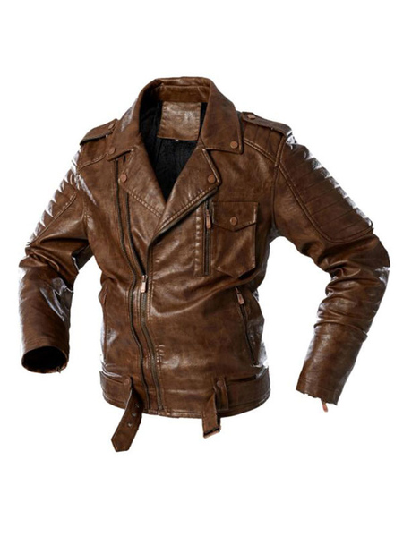 Leather Jacket for Man Simple Layered Zipper Windbreaker Stylish Spring Coffee Brown