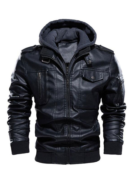 Men’s Leather Jackets Color Block Zipper Thicken Windbreaker Fashion Layered Coffee Brown
