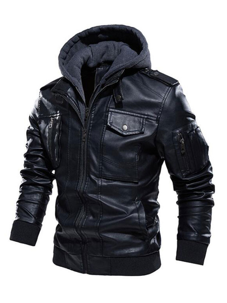 Men’s Leather Jackets Color Block Zipper Thicken Windbreaker Fashion Layered Coffee Brown