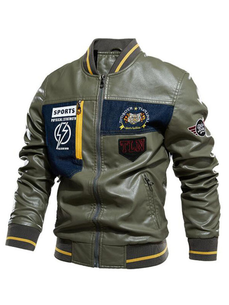 Milanoo Man's Leather Jacket Simple Layered Zipper Geometric Fashion Windbreaker Spring Hunter Gree