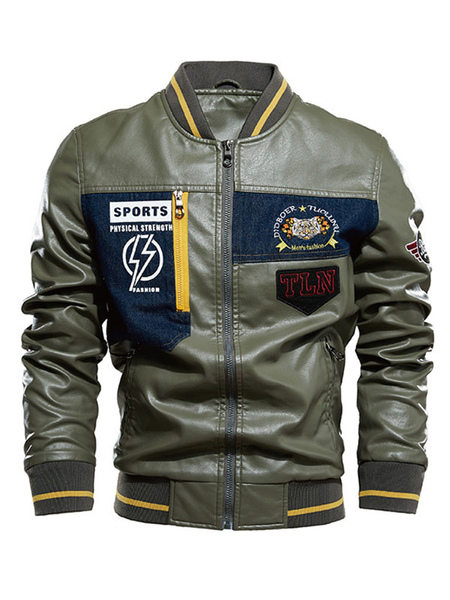 Milanoo Man\'s Leather Jacket Simple Layered Zipper Geometric Fashion Windbreaker Spring Hunter Gree