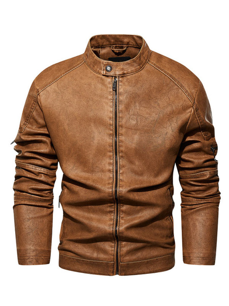 Milanoo Men\'s Leather Jackets Zipper PU Leather Thicken Moto Stylish Layered Coffee Brown