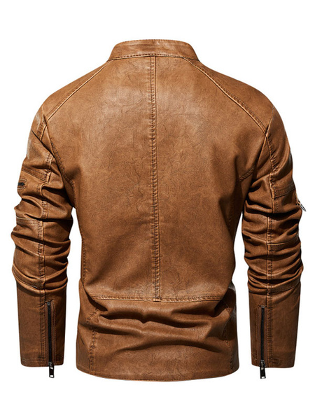 Milanoo Men's Leather Jackets Zipper PU Leather Thicken Moto Stylish Layered Coffee Brown