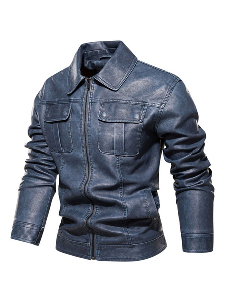 Men’s Leather Jackets Zipper PU Leather Thicken Moto Fashion Layered Dazzling Blue