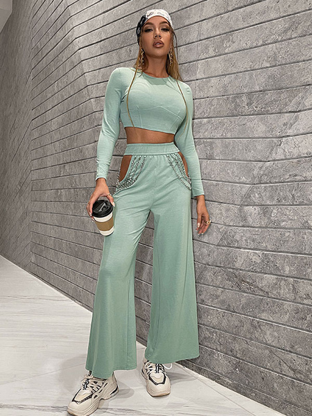 Milanoo Two Piece Sets Pastel Green Polyester Cut Out Chains Long Sleeves Jewel Neck Stretch Casual