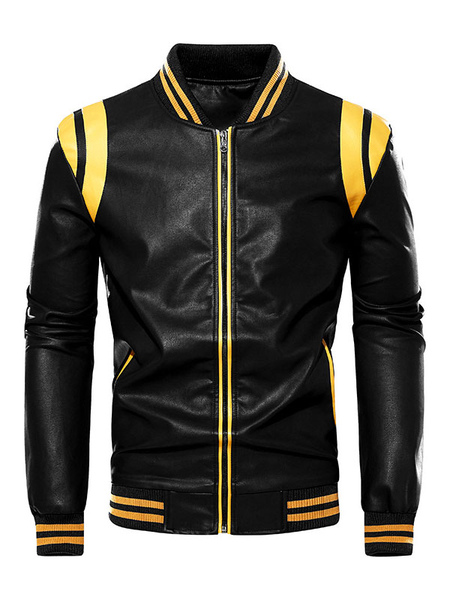 Milanoo Men\'s Leather Jackets Color Block Zipper PU Leather Thicken Stylish Moto Layered Black
