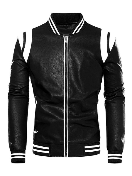 Men’s Leather Jackets Color Block Zipper PU Leather Thicken Stylish Moto Layered Black