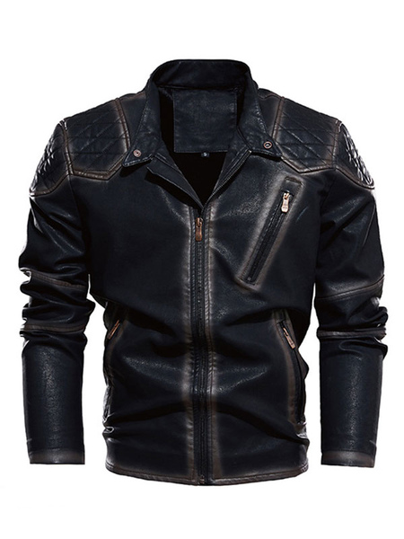 Men’s Leather Jacket Simple Layered Zipper Windbreaker Cool Spring Dazzling Blue