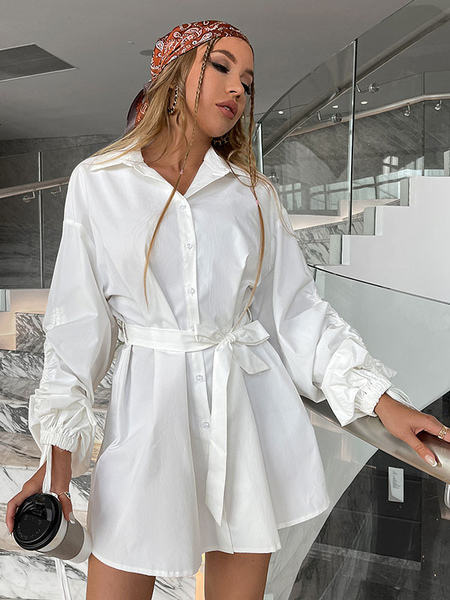 Milanoo Shirt Dresses White Turndown Collar Buttons Long Sleeves Polyester Stretch Midi Dress