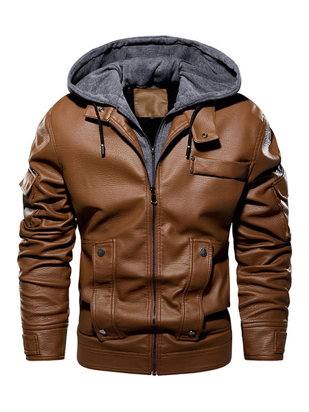 Milanoo Men's Leather Jacket Comfy Layered Zipper Color Block Fashion Moto Spring Coffee Brown