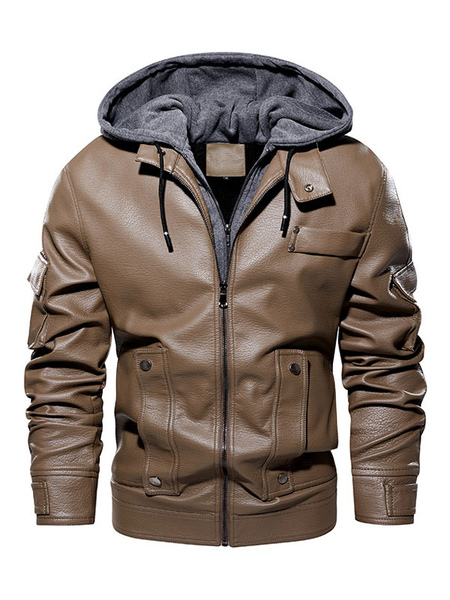 Men’s Leather Jacket Comfy Layered Zipper Color Block Fashion Moto Spring Coffee Brown