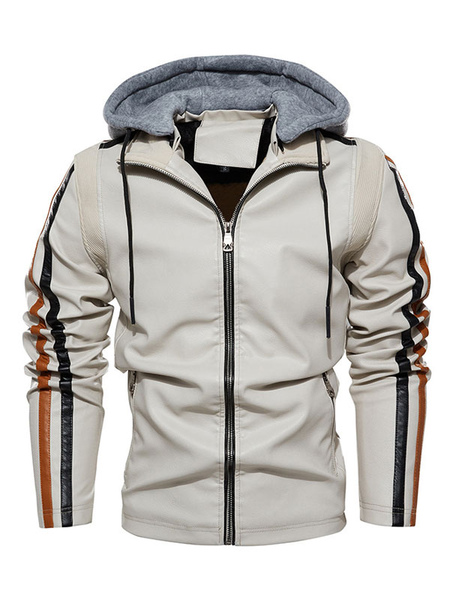 Man’s Leather Jacket Comfy Layered Zipper Color Block Smart Moto Winter ecru white