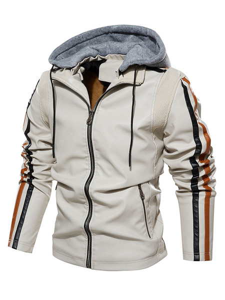 Milanoo Man's Leather Jacket Comfy Layered Zipper Color Block Smart Moto Winter ecru white