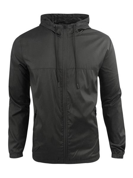 Milanoo Mens Jacket Hooded Zipper Polyester Fashionable Black Jacket