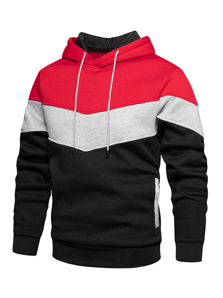 Milanoo Men Hoodies Red Hooded Long Sleeves Color Block Polyester Sweatshirt