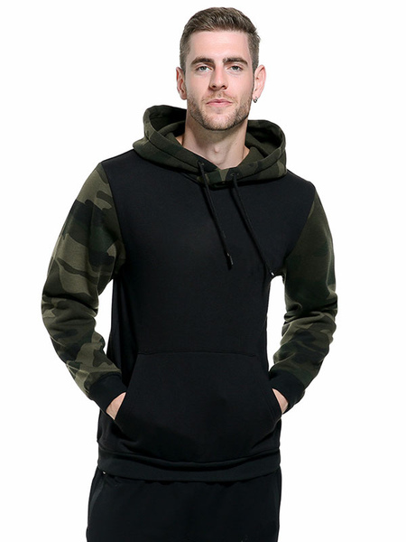 Milanoo Men Hoodies Hooded Long Sleeves Camouflage Polyester Black Sweatshirt