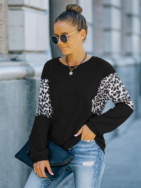 Milanoo Women Blouse Black Long Sleeves Polyester Polka Dot Jewel Neck Casual T Shirt