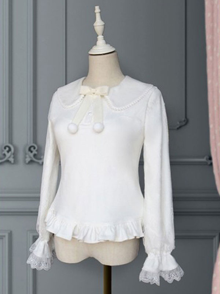 Milanoo Lolita Blouses White Bows Lace Long Sleeves Peter Pan Collar White Lolita Shirt