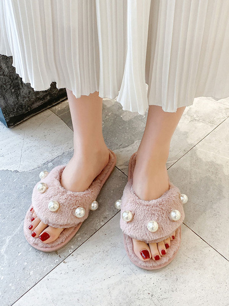 Milanoo Women Slipper Pearls Flat Heel Plush Upper Pink Slide Sandals