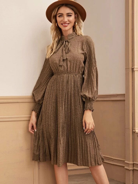 Milanoo Midi Dress Brown Lace Up Stand Collar Long Sleeves Floral Print Pattern Stretch Long Dress